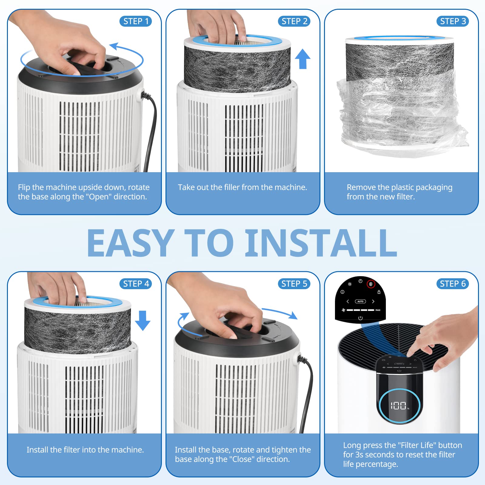JORAIR hands installing filter into purifier showing simple tool-free swap and time-saving benefit