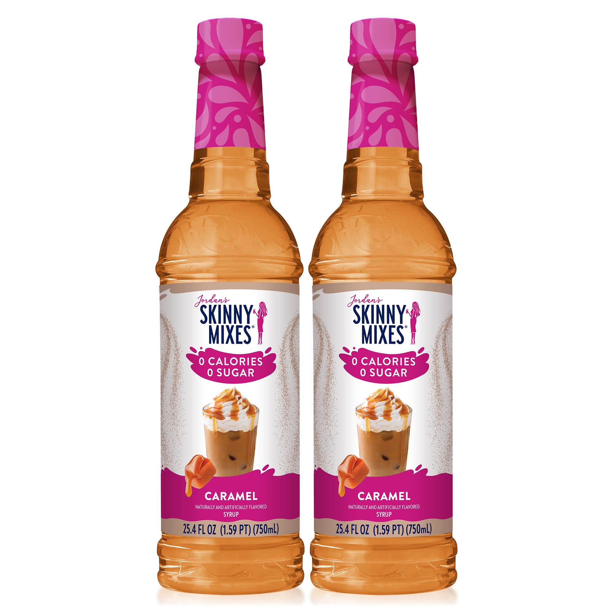 Jordan's Skinny Mixes caramel front packaging shows bottle and flavor benefit