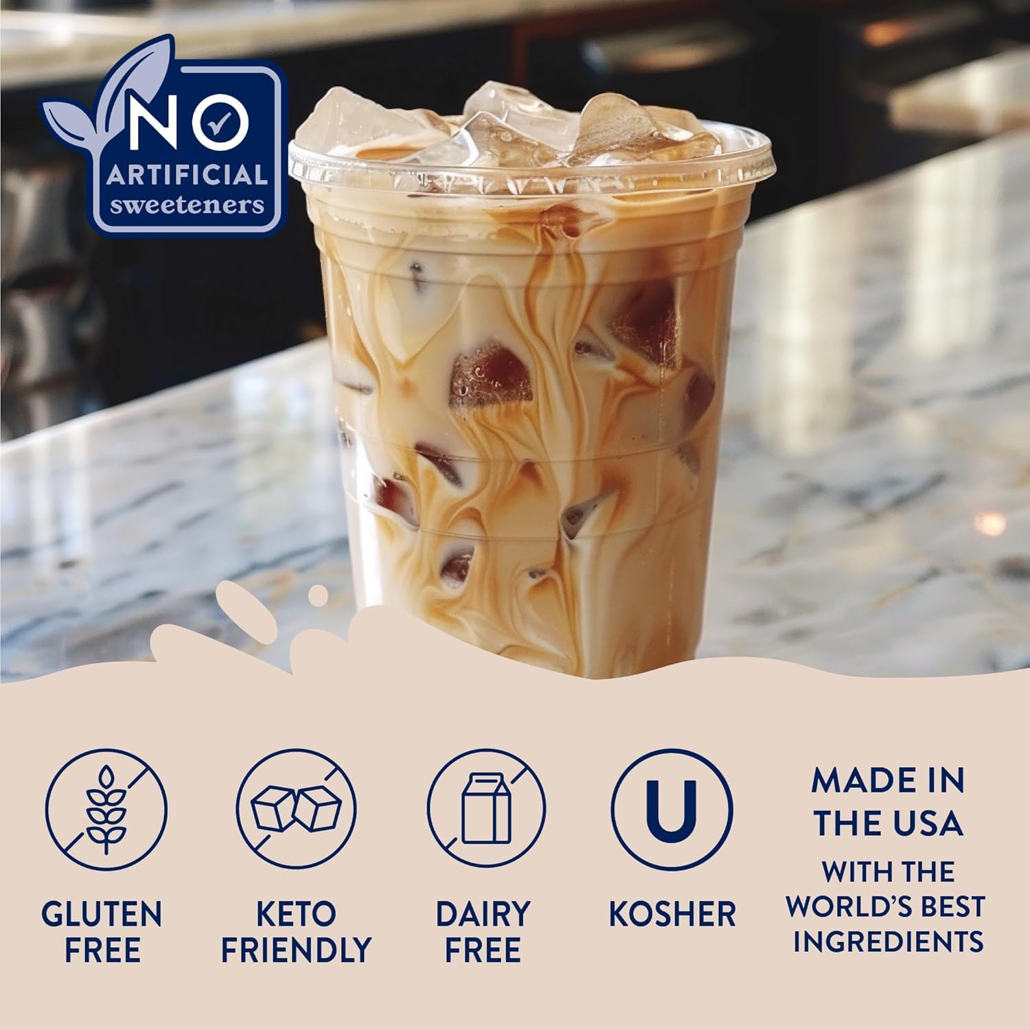 Jordan's Skinny Mixes caramel next to cup for clear size and serving guidance