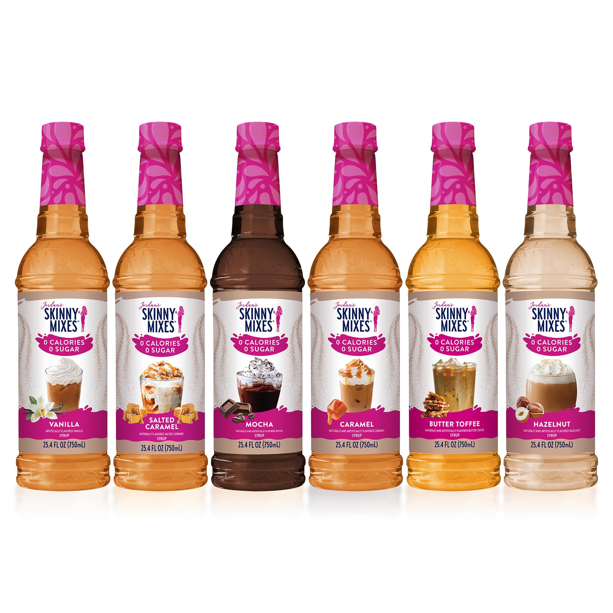 Jordan's Skinny Mixes front packaging showing six sugar free syrups, offers variety