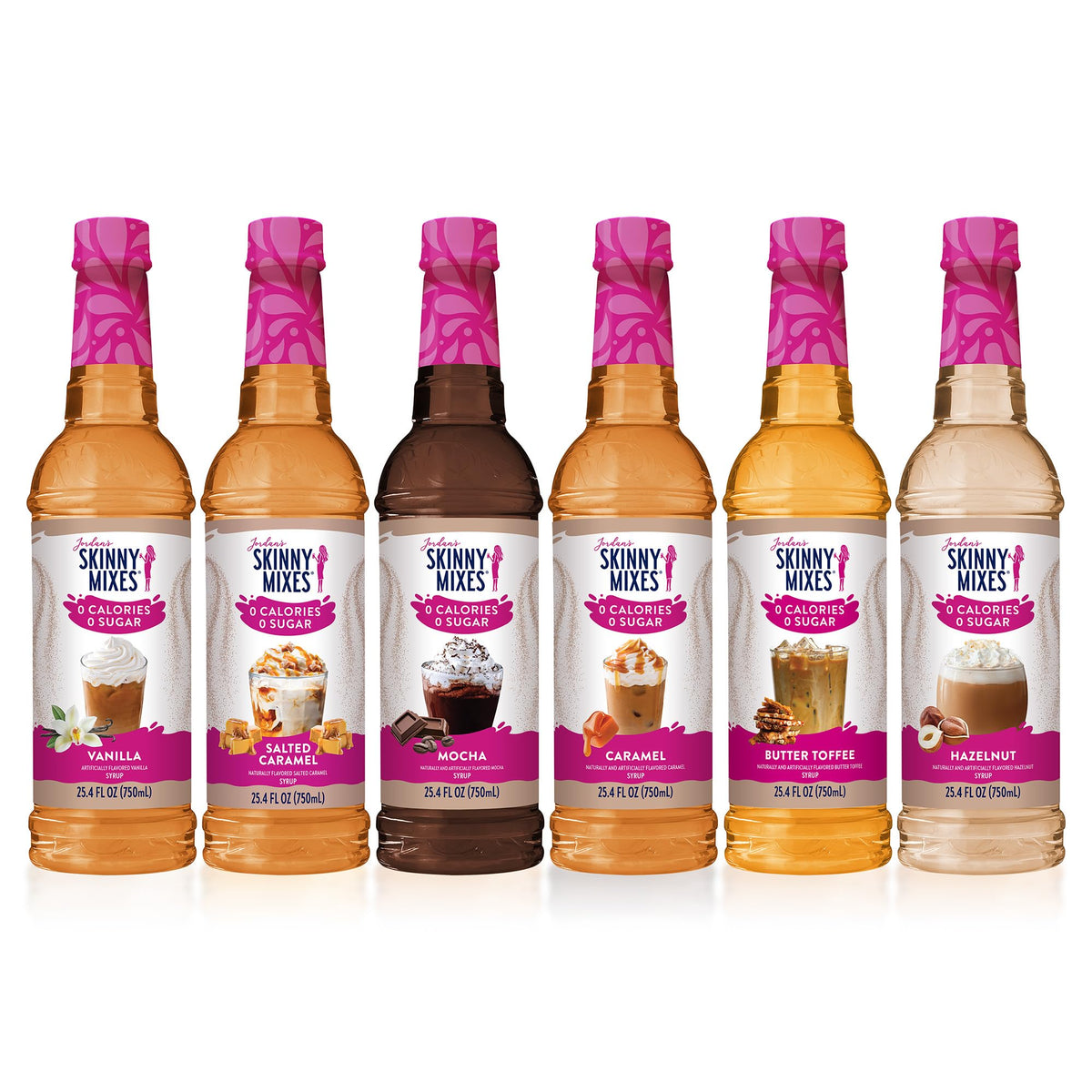 Jordan's Skinny Mixes front packaging showing six sugar free syrups, offers variety