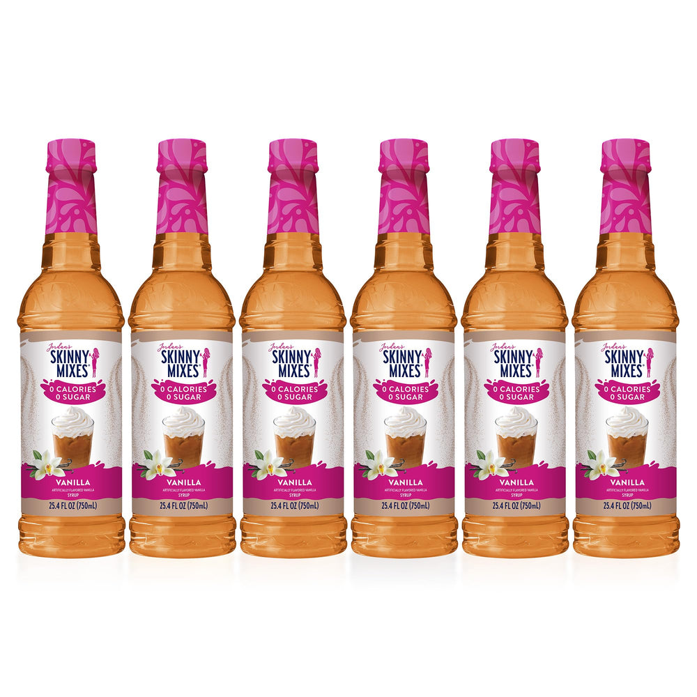 Jordan's Skinny Mixes front packaging showing six vanilla bottles and convenience