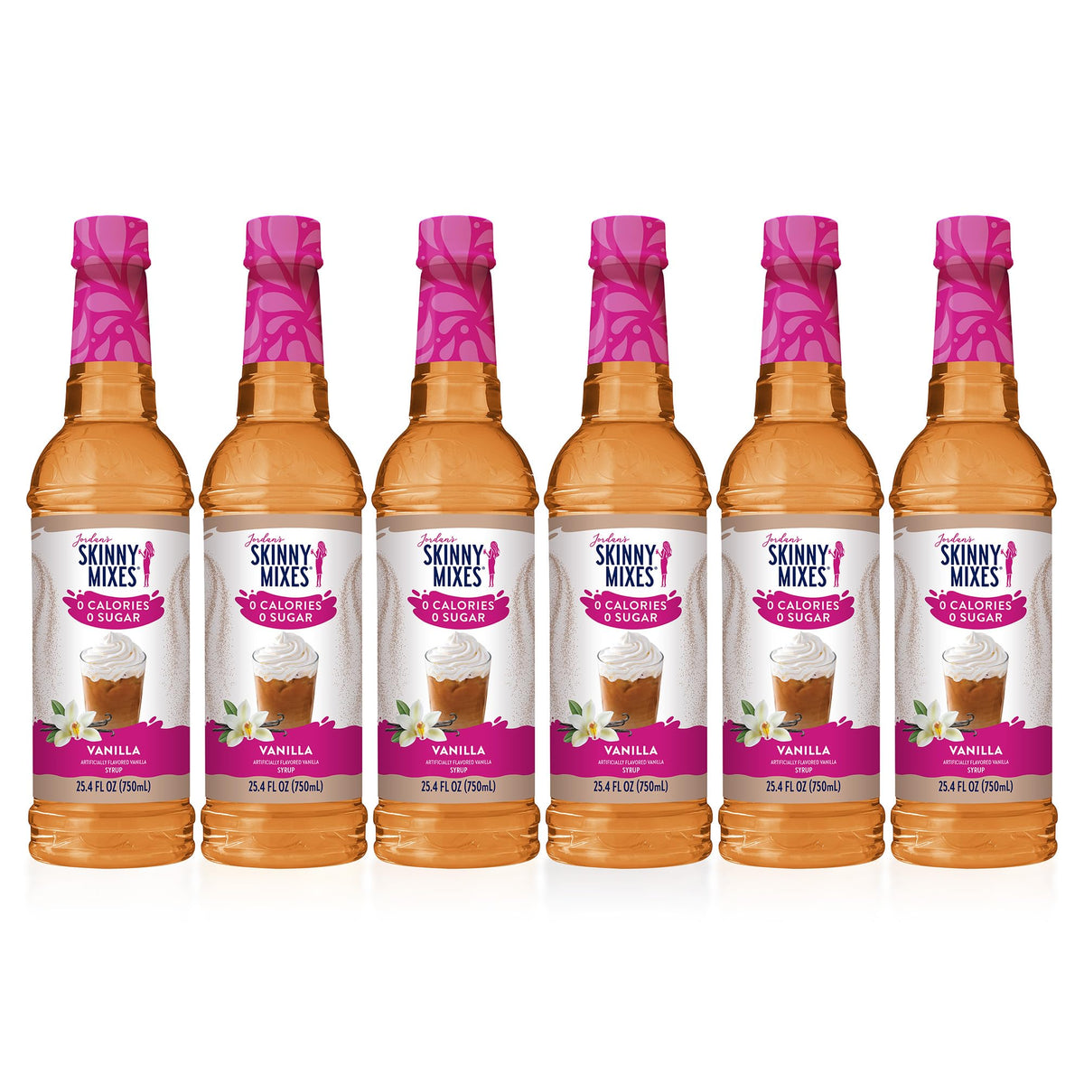 Jordan's Skinny Mixes front packaging showing six vanilla bottles and convenience