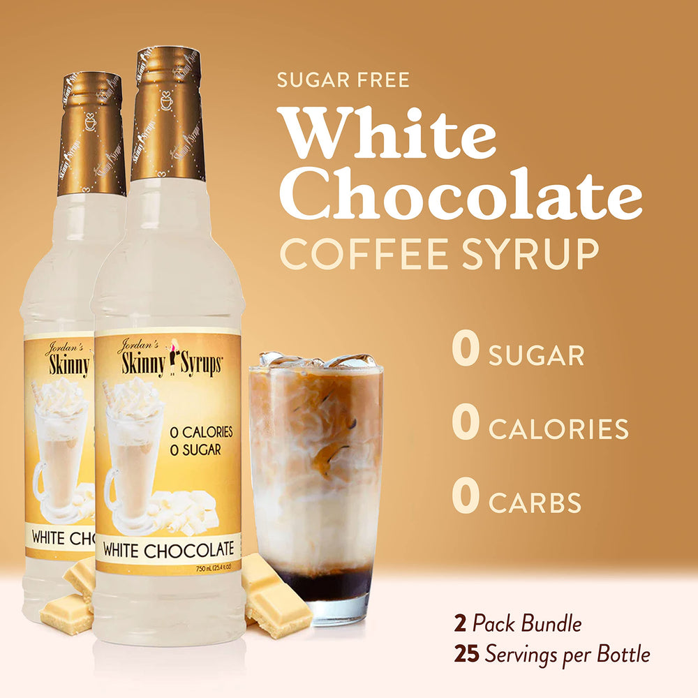 Jordan's Skinny Mixes pouring white chocolate syrup into a hot coffee cup for richer flavor