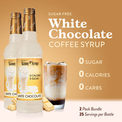 Jordan's Skinny Mixes pouring white chocolate syrup into a hot coffee cup for richer flavor