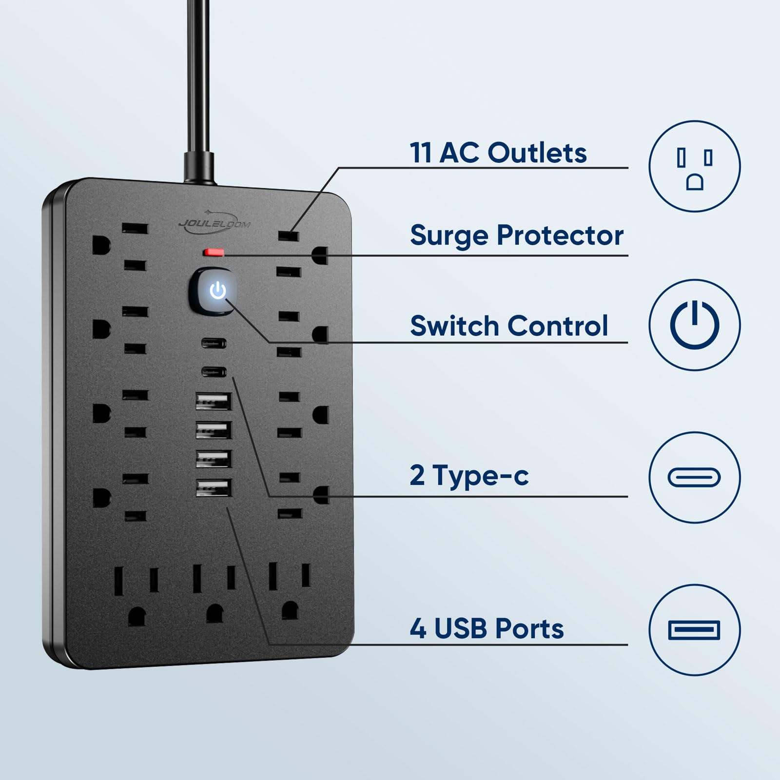 JouleLoom closeup of 11 AC outlets spaced apart to accommodate bulky adapters