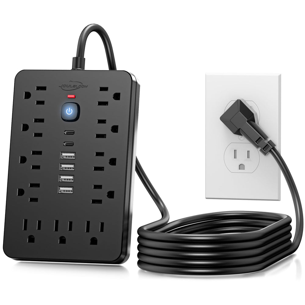 JouleLoom front view of power strip showing all outlets and USB ports for organized charging