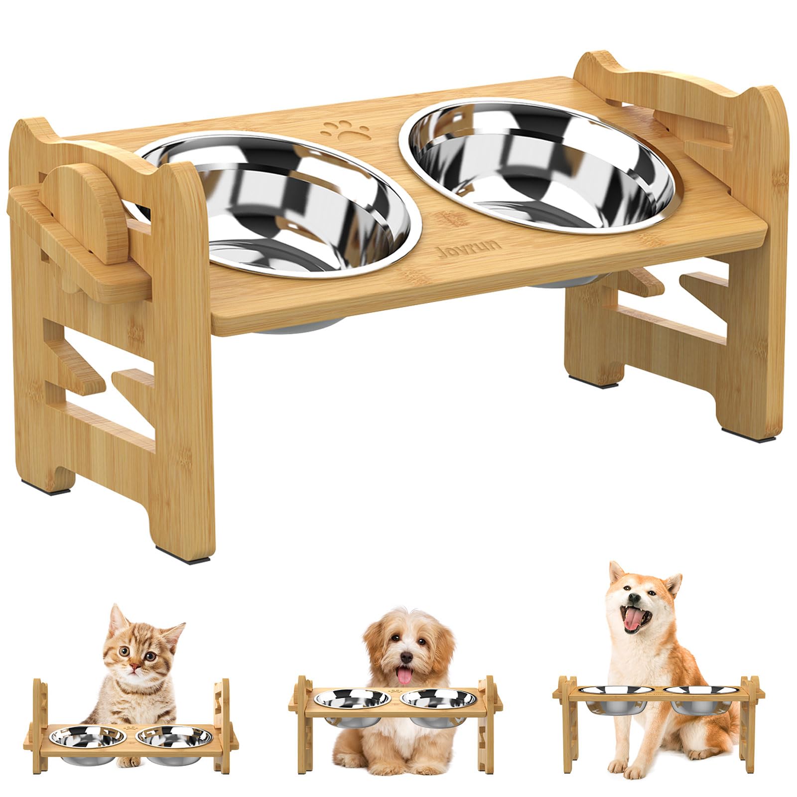 Jovrun front view of elevated bamboo bowl stand showing tidy feeding benefit