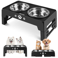 Jovrun front view of elevated feeder showing compact design and dual bowls