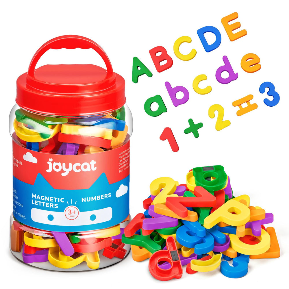 JoyCat front packaging showing colorful 104-piece set and bucket for storage benefit