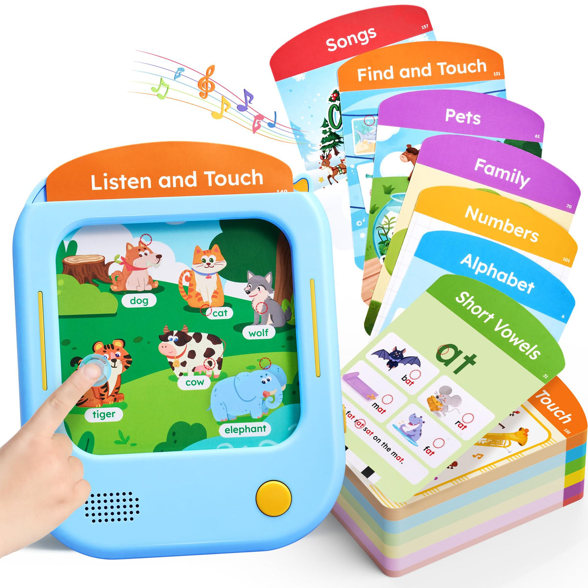 JoyCat tablet front view showing buttons and slot, encourages screen-free learning