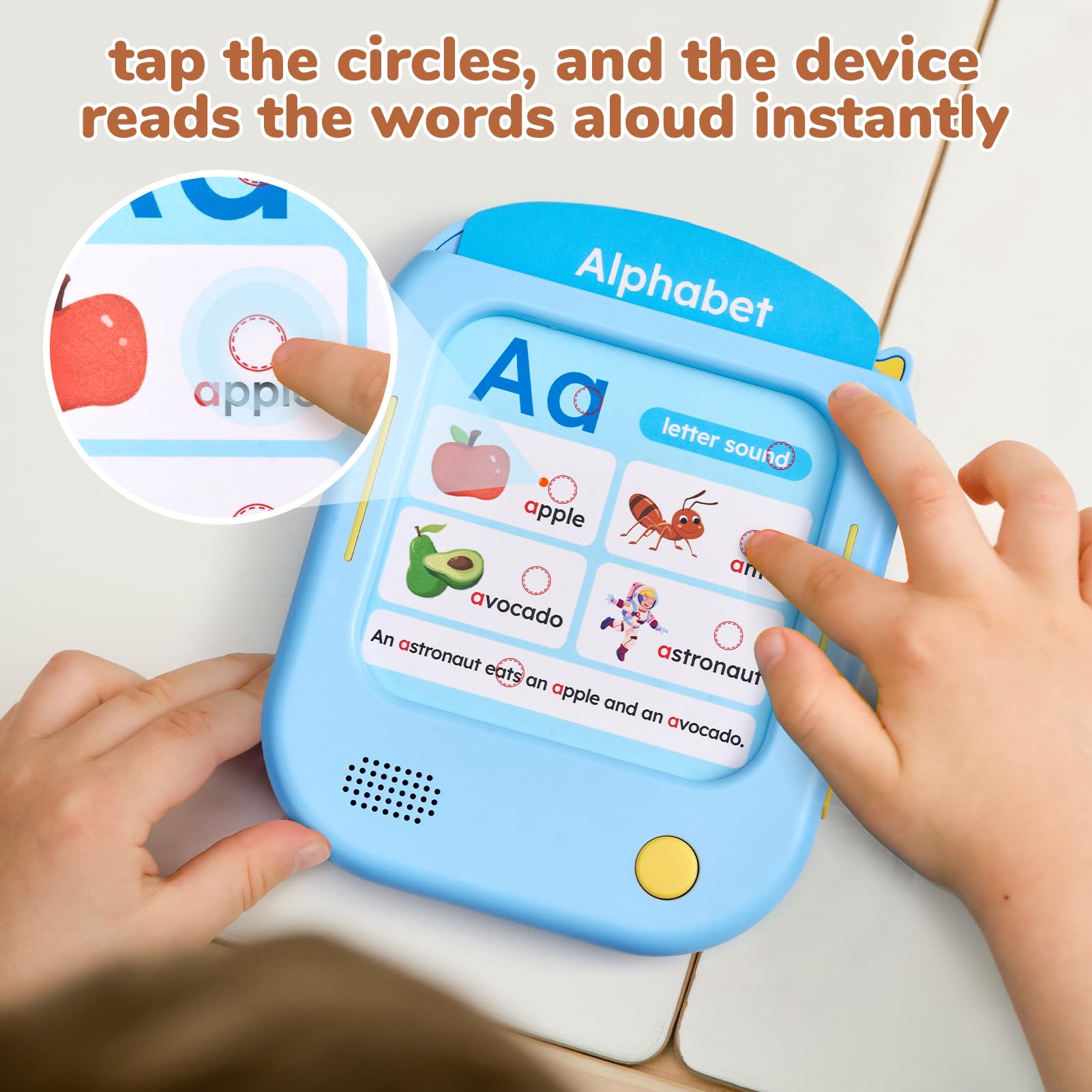 JoyCat tablet with card being inserted, demonstrates easy press-to-hear interaction