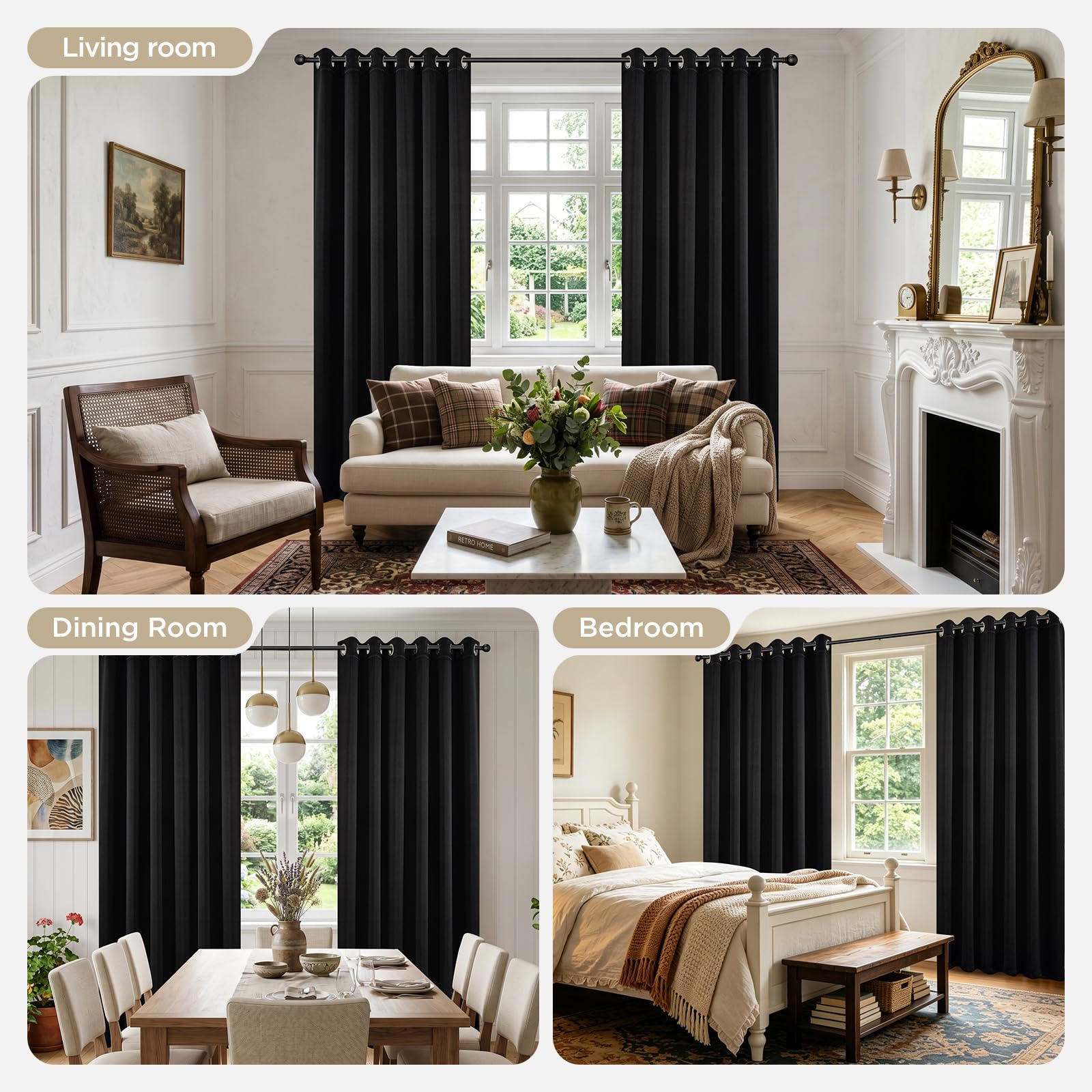 Joydeco drapes hung in a bedroom creating a dark, comfortable sleep space