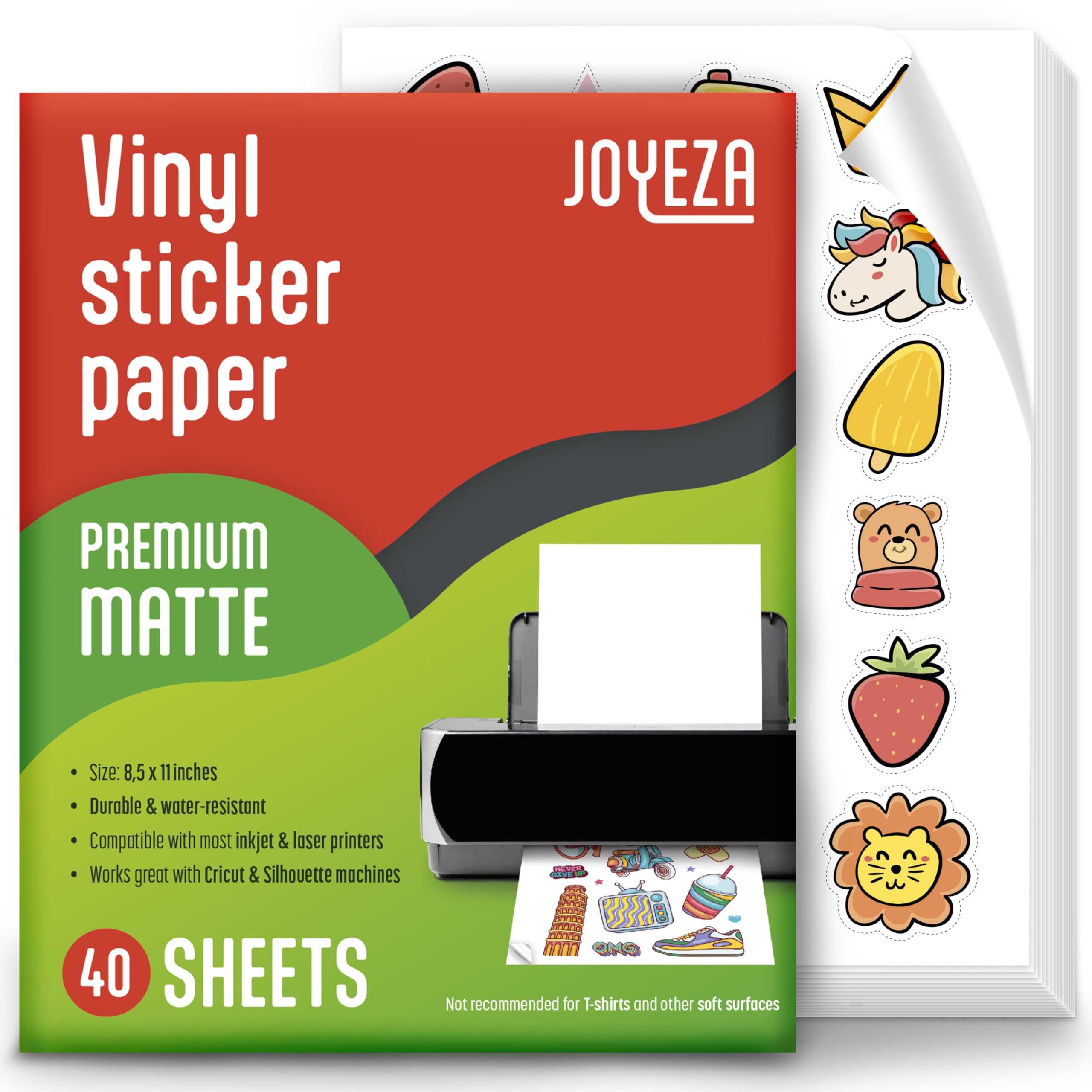 JOYEZA front pack showing 40 matte vinyl sheets and benefits
