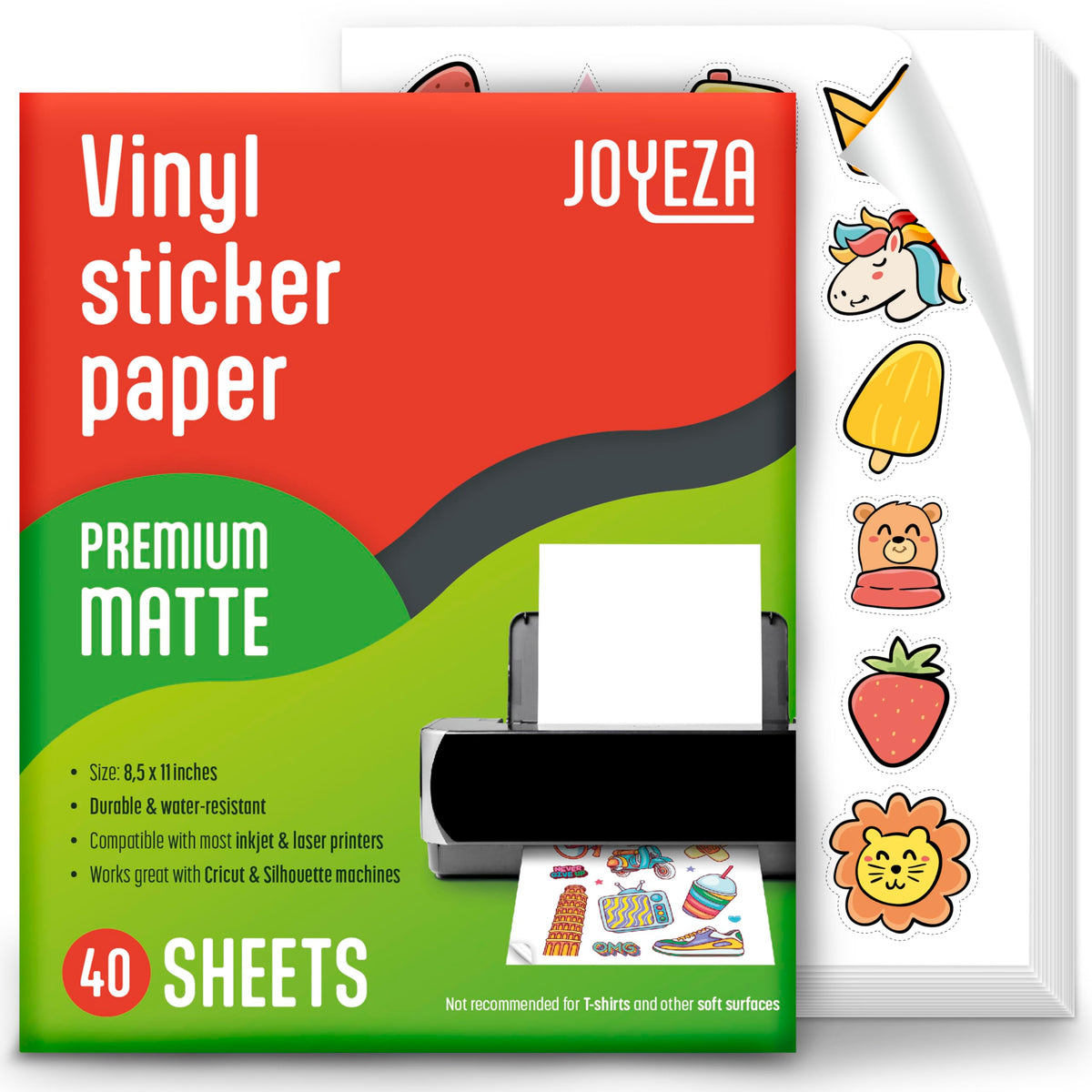 JOYEZA front pack showing 40 matte vinyl sheets and benefits