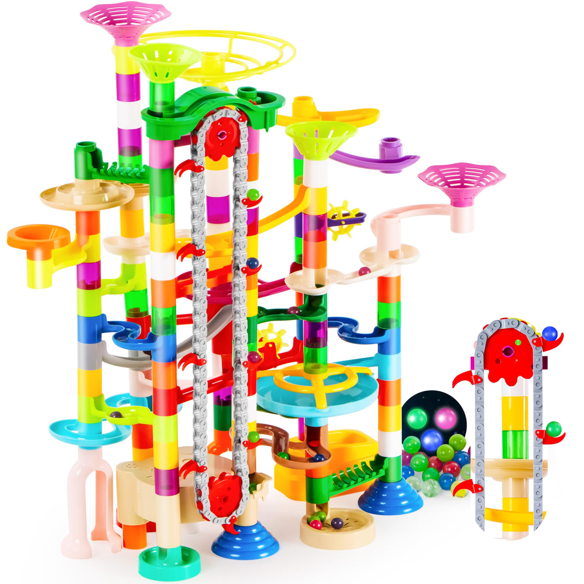 JOYIN front of box and contents displayed showing pieces and marbles for easy setup