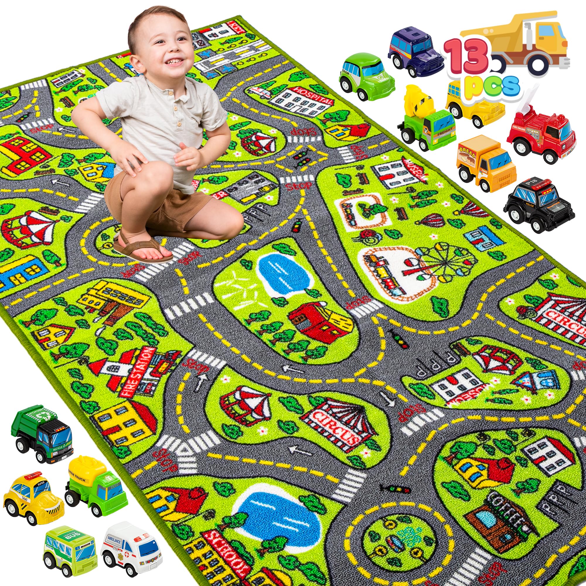 JOYIN front packaging showing full city playmat and 12 vehicles for quick setup