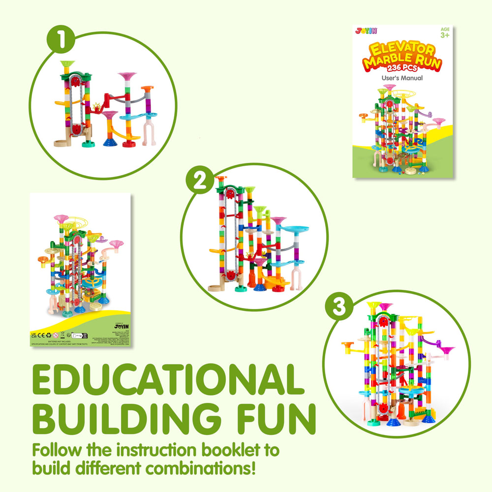 JOYIN marble tower in action with marble descending and elevator lifting for nonstop play