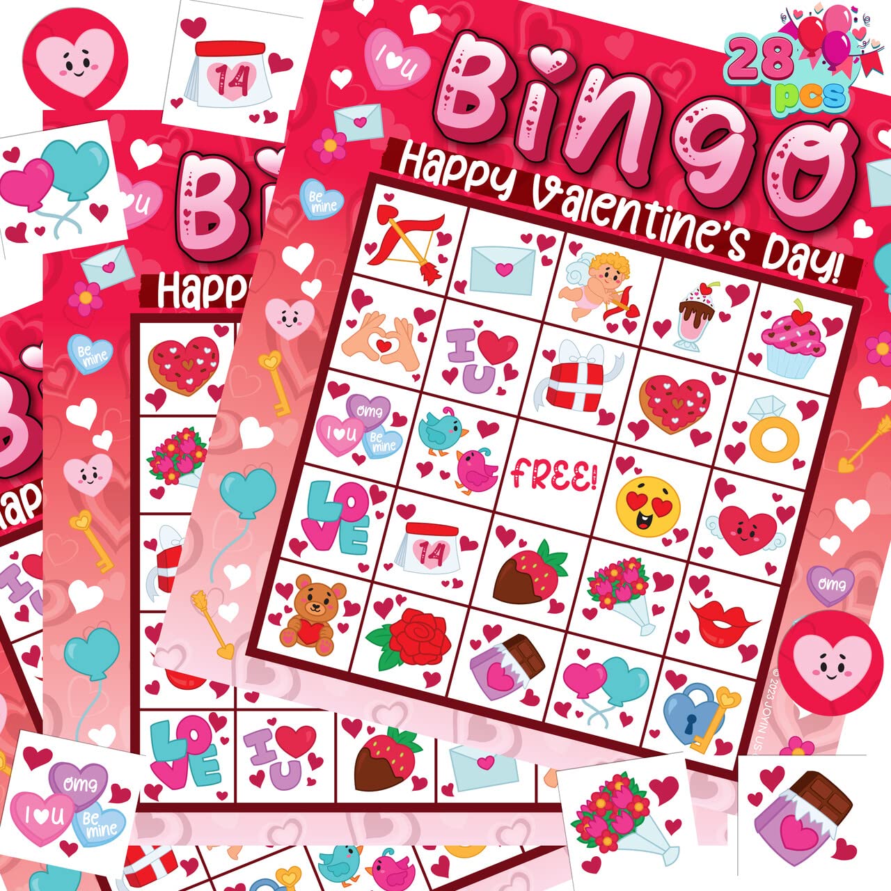JOYIN front view of Valentine bingo pack showing complete set and benefit easy party setup
