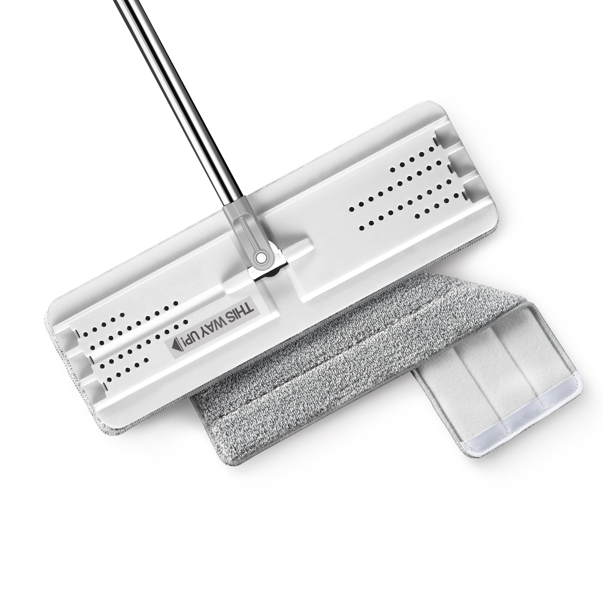 JOYMOOP front view of white flat mop showing full assembly and design benefit