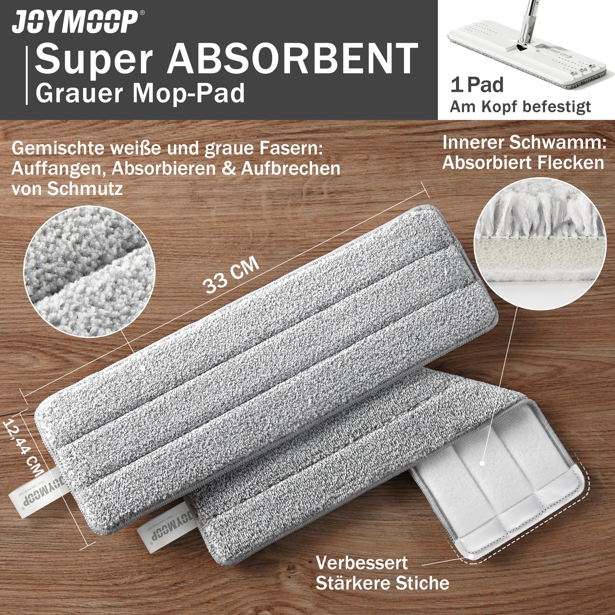 JOYMOOP microfiber pad in washing machine showing machine-washable convenience