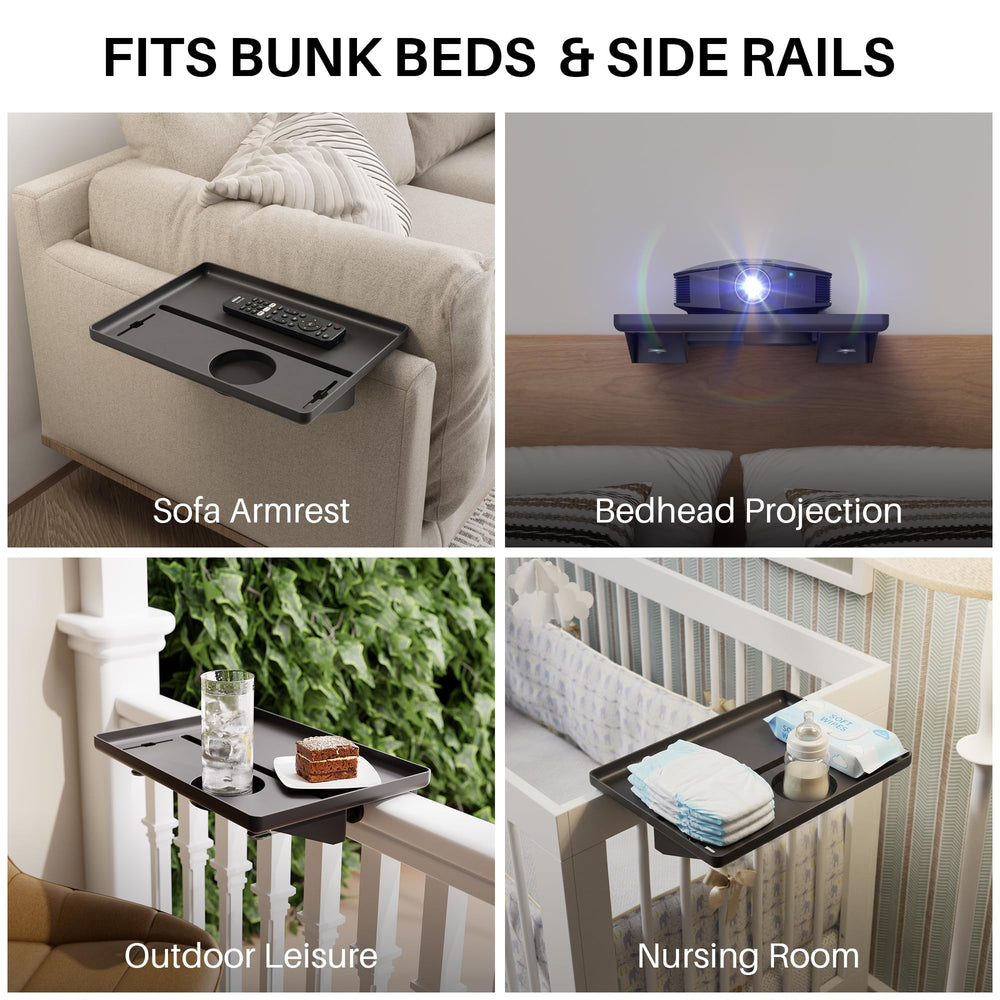 JOYMOOP attached to a platform bed edge demonstrating tool-free install advantage