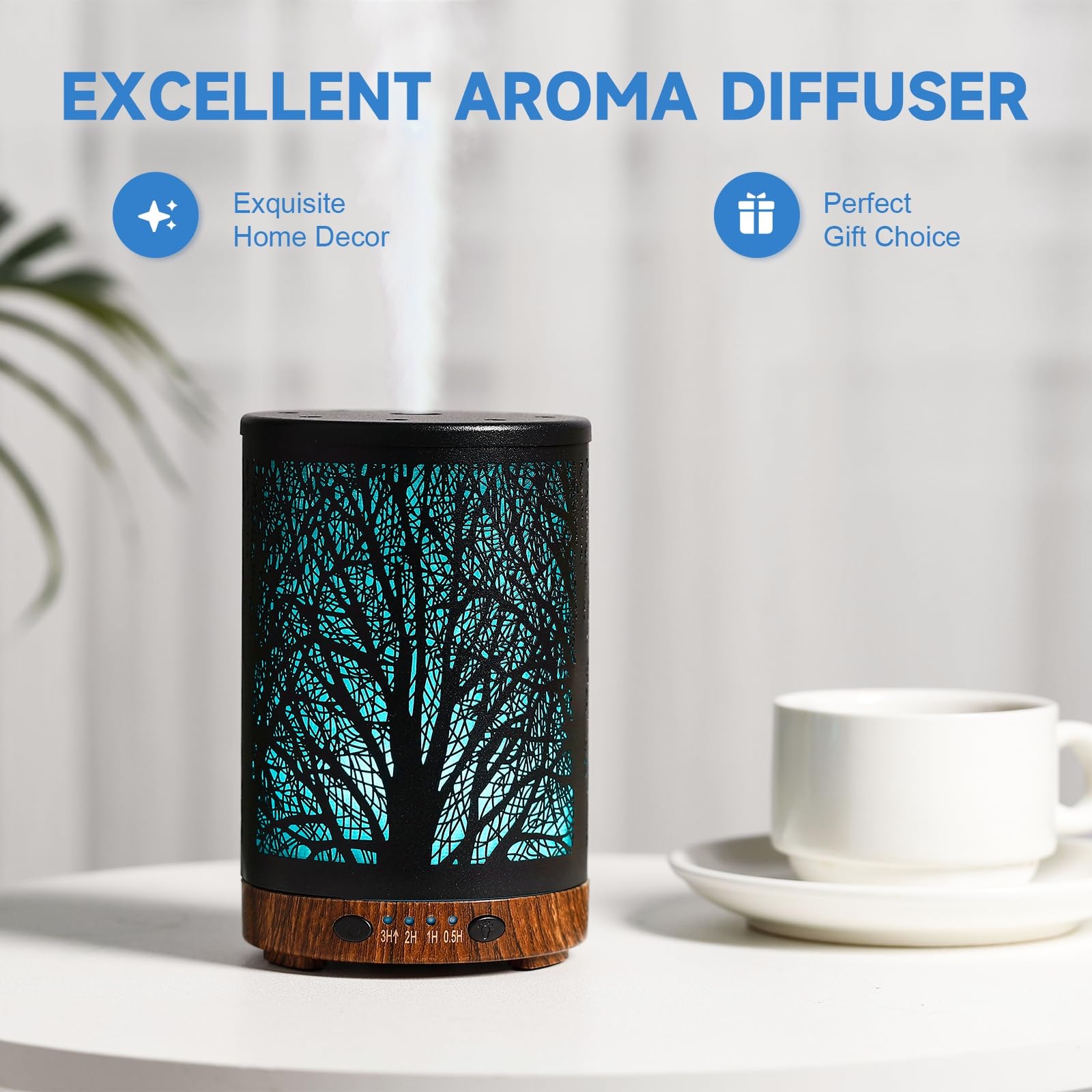 JOYOLO diffuser glowing with seven LED colors demonstrating adjustable mood lighting benefit