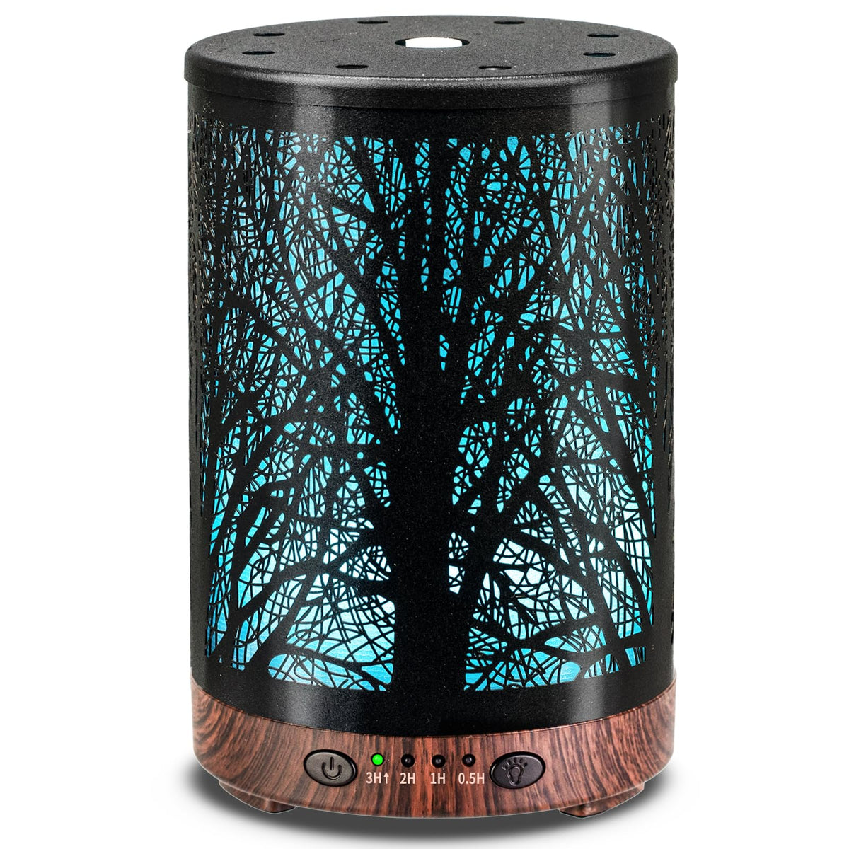 JOYOLO metal diffuser front view showing sleek tree pattern and compact design benefit