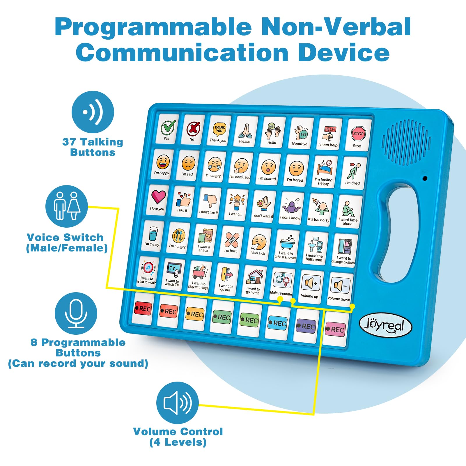 Joyreal close-up of colorful buttons highlighting picture-based communication benefits
