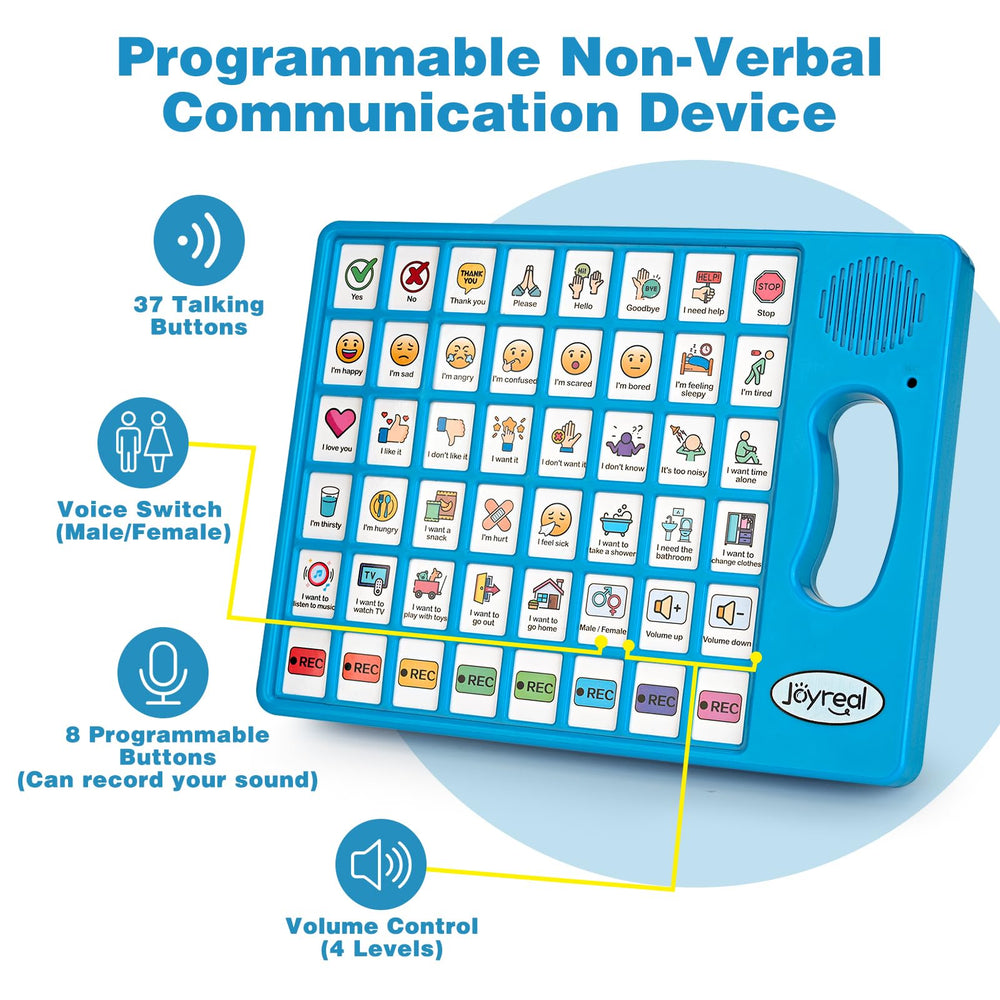 Joyreal close-up of colorful buttons highlighting picture-based communication benefits