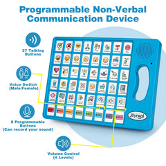 Joyreal close-up of colorful buttons highlighting picture-based communication benefits
