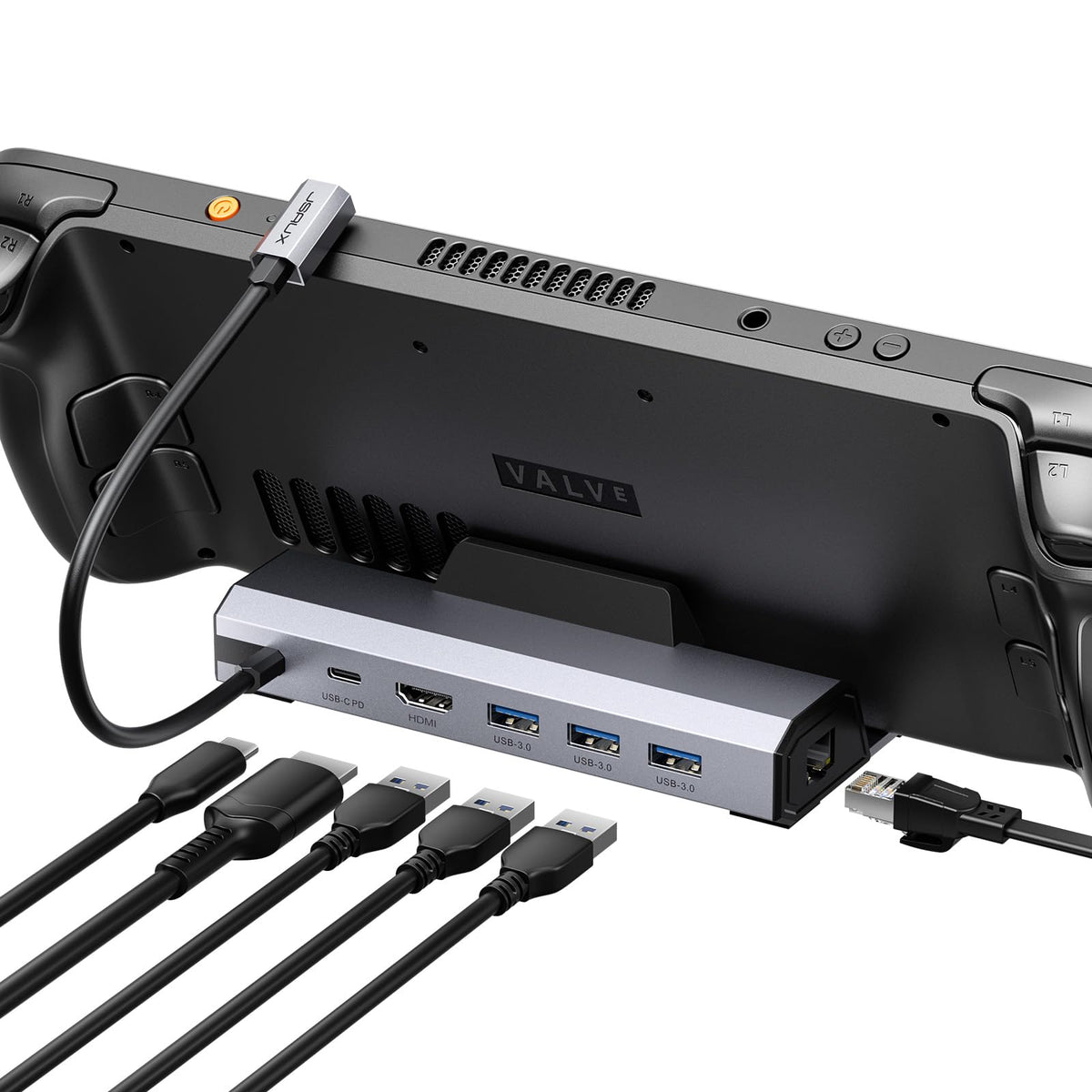 JSAUX dock front view showing ports and compact design for tidy desktop setups