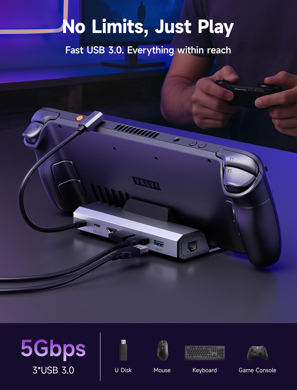 JSAUX dock beside a game controller to show compact size and travel-friendly portability