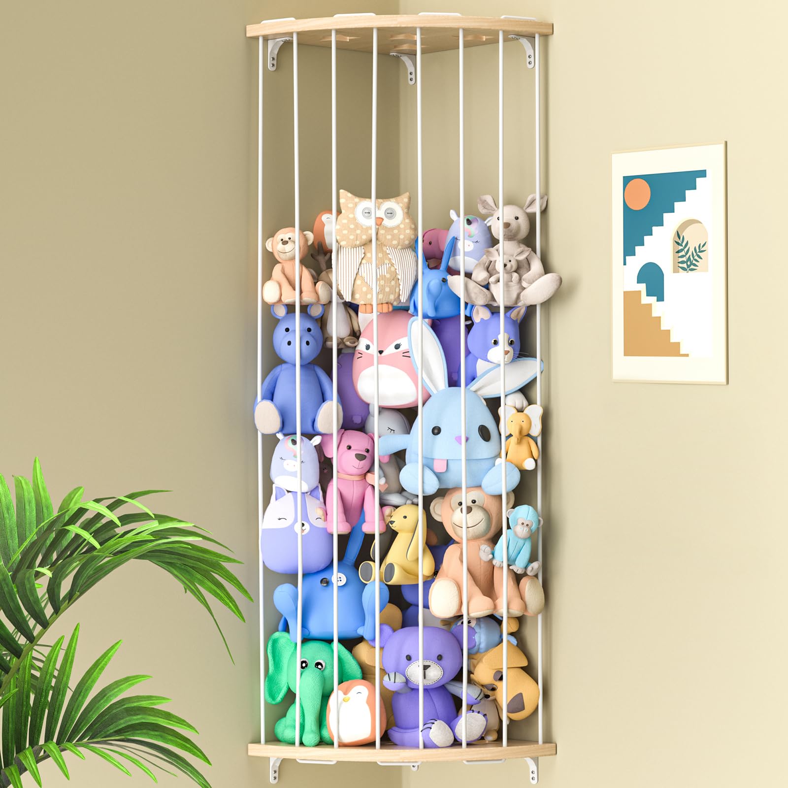 Jtksfcl front view corner organizer showing neat plush storage and tidy room benefit