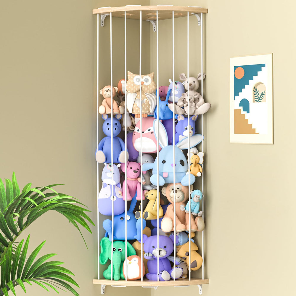Jtksfcl front view corner organizer showing neat plush storage and tidy room benefit