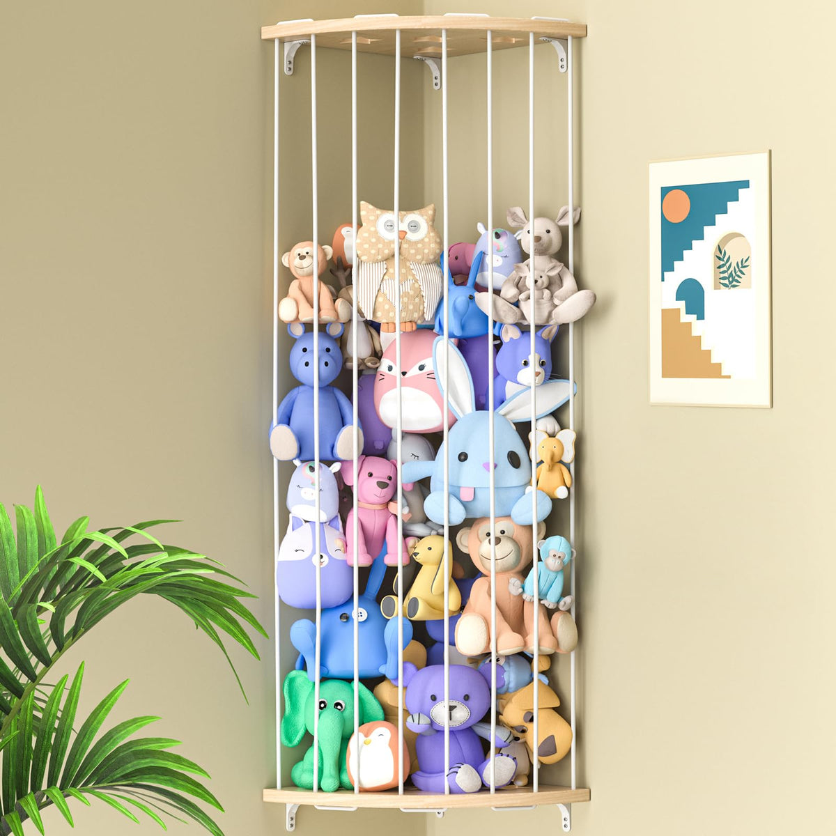 Jtksfcl front view corner organizer showing neat plush storage and tidy room benefit