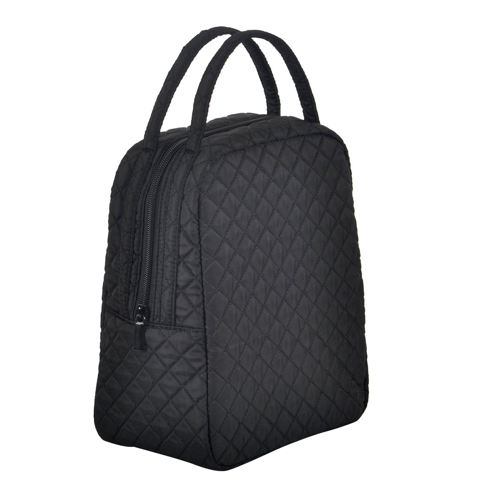 Jula Vance front view of quilted lunch tote showing organized carrying benefit