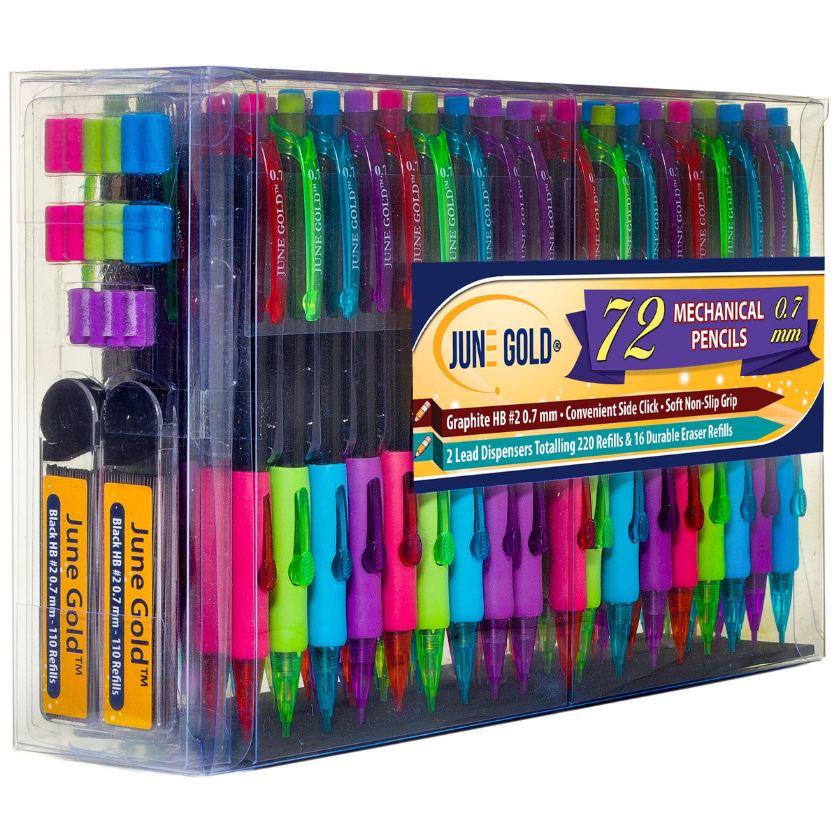 June Gold front packaging showing 72 pencils and included refills for dependable supply