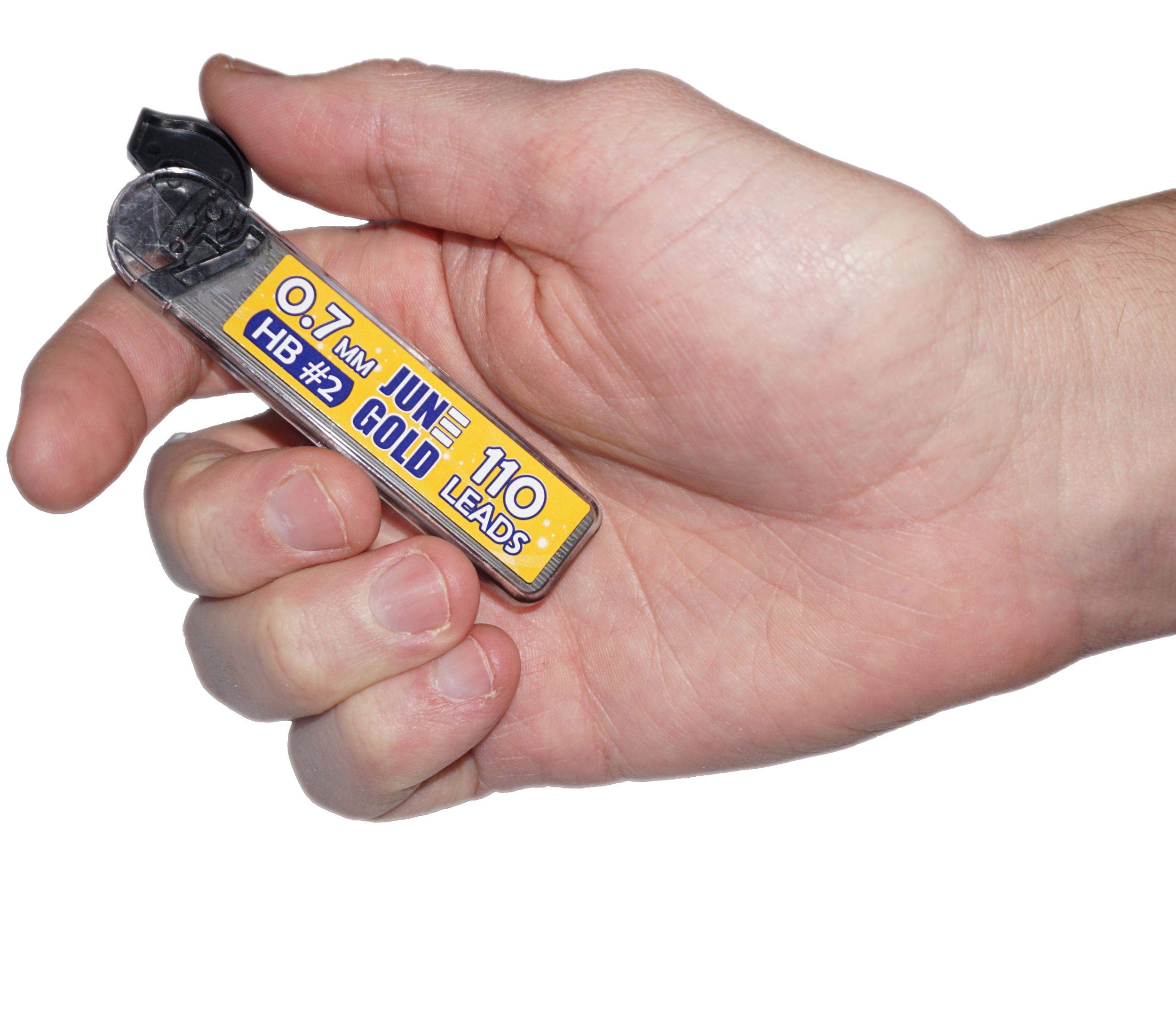 June Gold lead dispensers open with 220 leads visible for quick, organized refills