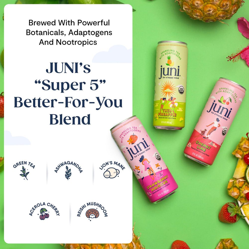 JUNI cherry lime can close-up showing vibrant color and focused refreshment