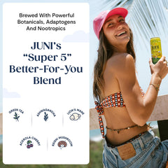JUNI can close-up label detail shows ingredients and organic certification benefit