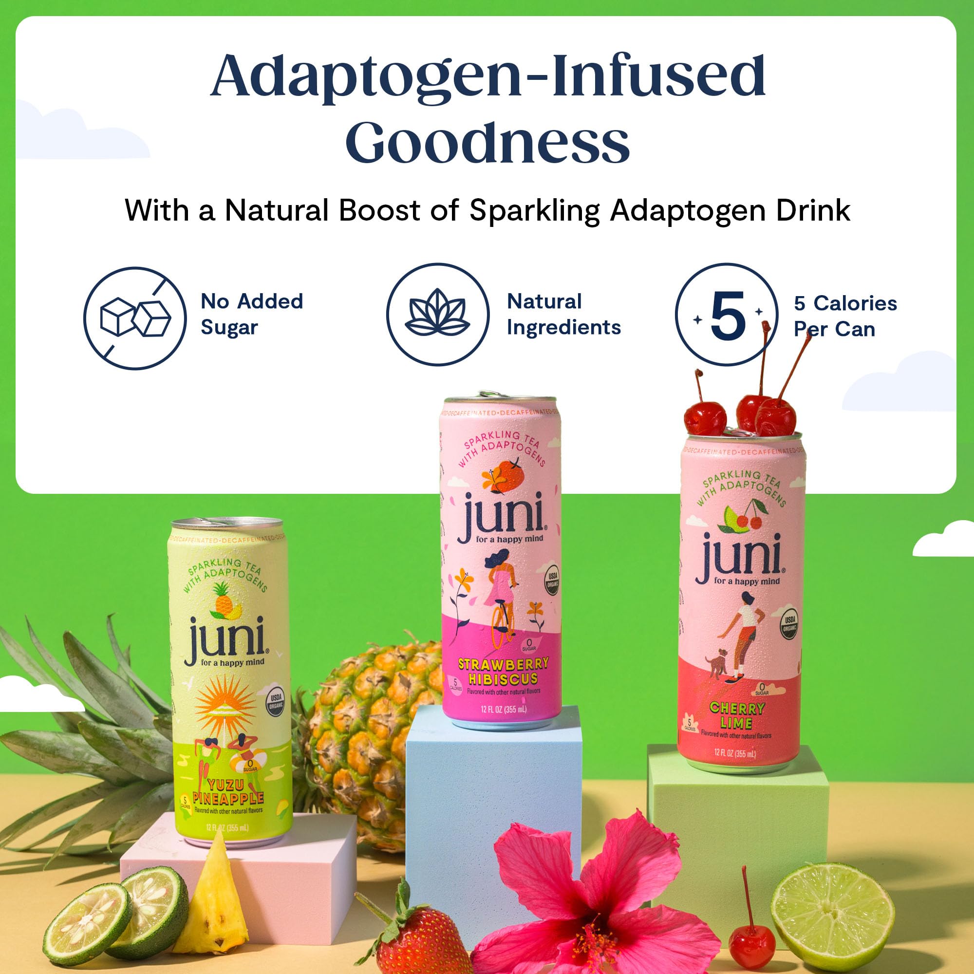 JUNI strawberry hibiscus can close-up highlighting flavor and calm support