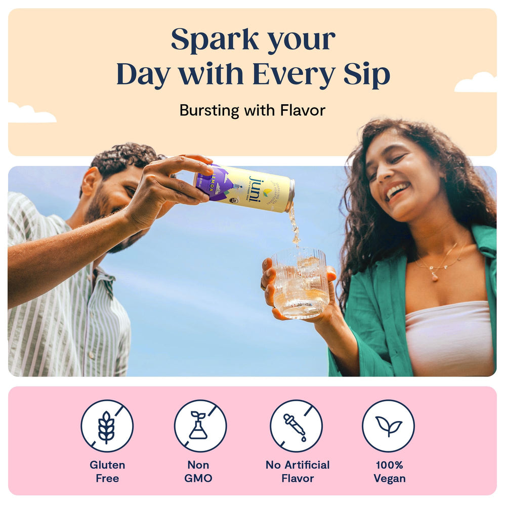 Opened JUNI can with sparkling bubbles demonstrating effervescence and refreshment