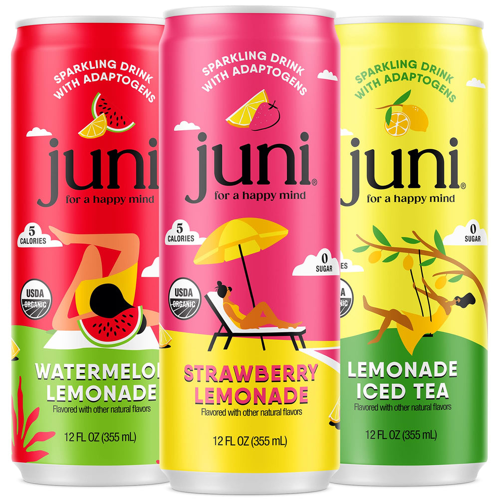 JUNI lemonade variety front pack shows cans and branding, highlighting convenience