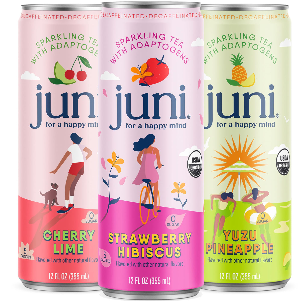 JUNI 12-pack front view showing decaf variety and zero sugar benefits