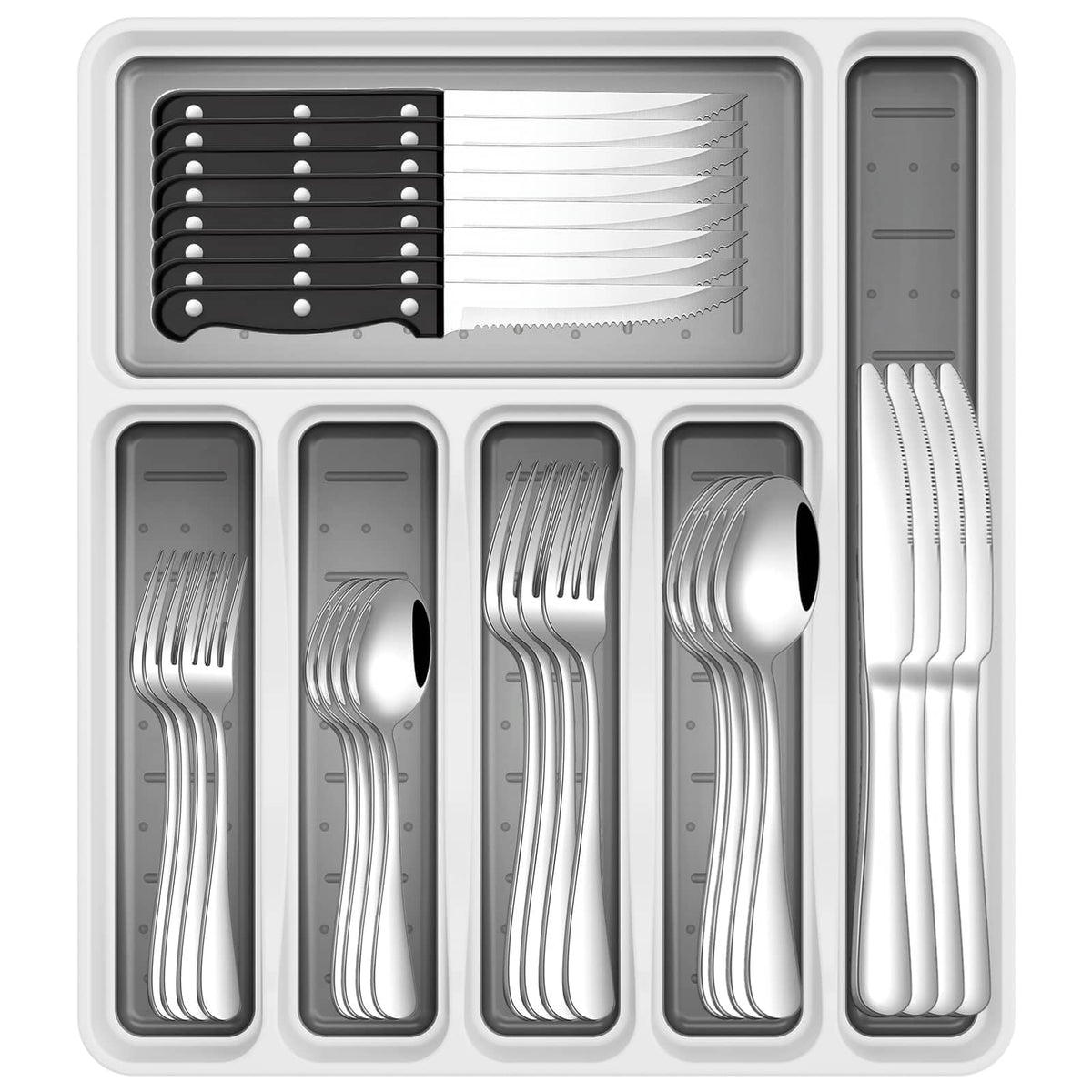 JUNLIN flatware front packaging showing full 49-piece set and organizer benefit