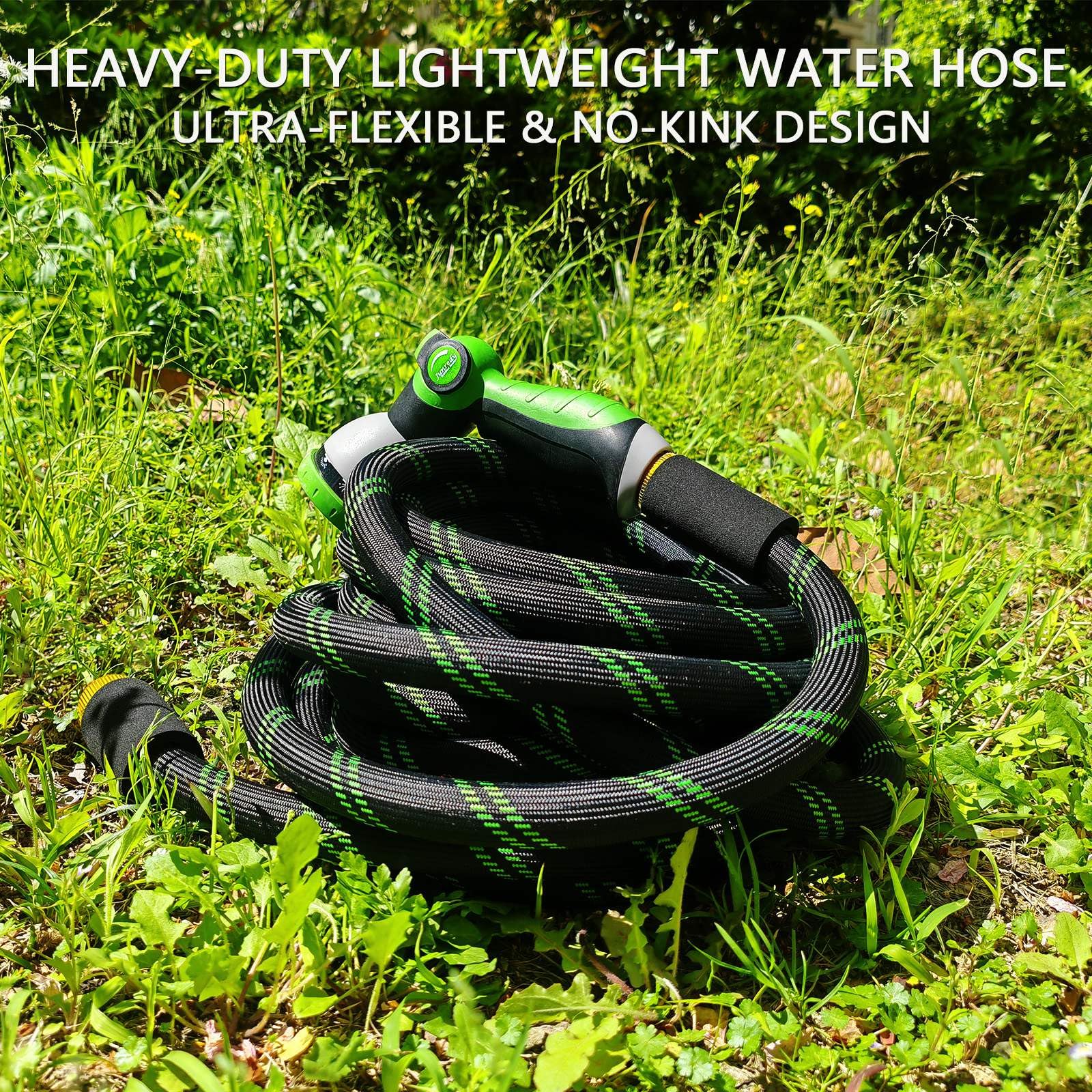 Junredy hose in use watering garden beds demonstrating gentle mist and even coverage