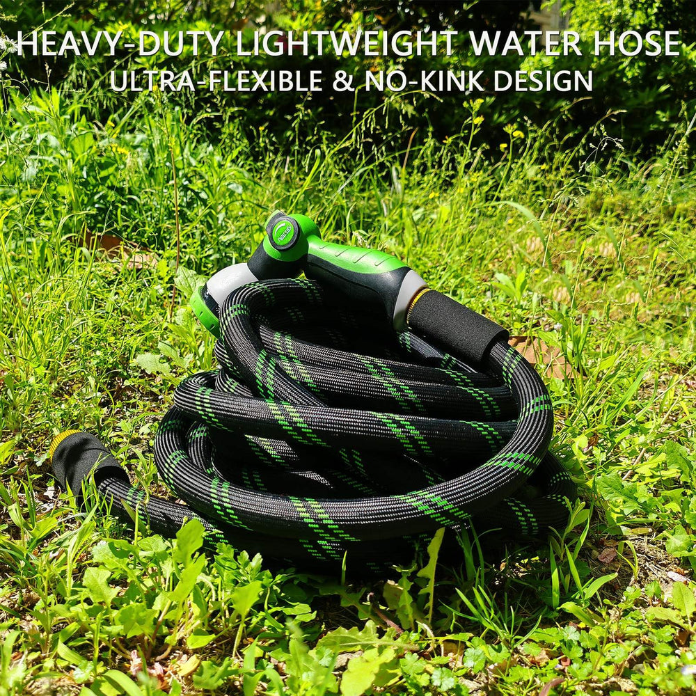 Junredy hose in use watering garden beds demonstrating gentle mist and even coverage