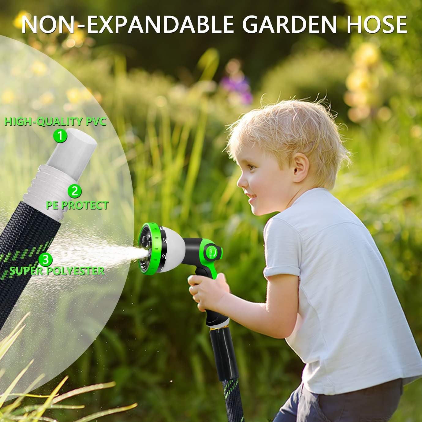 Junredy nozzle close-up showing 10-pattern dial and easy grip for precise watering