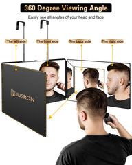 JUSRON three panels opened to show 360‑degree viewing for accurate trimming